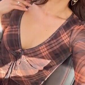 FLATTERING PLAID Semi-Sheer  Bell-Sleeve Mesh Dress by Commense Small NWT